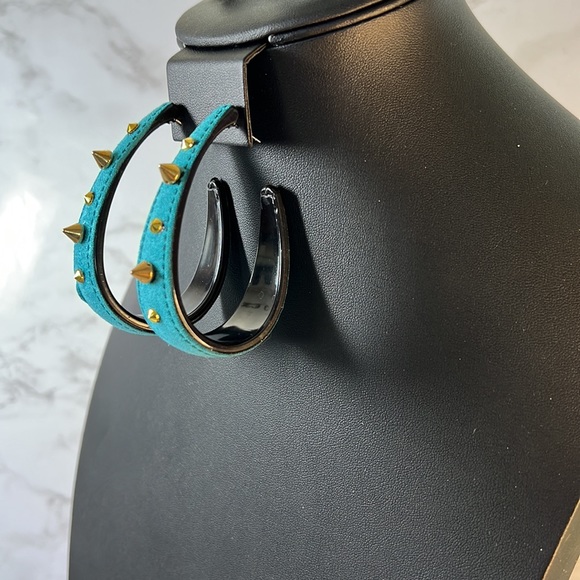 2 3/4 inch Earrings-Fabulous Statement Teal Studded TearDrop Hoop Faux Suede - Picture 5 of 9